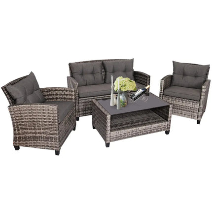4 Pieces Patio Rattan Furniture Set Coffee Table Cushioned Sofa-Gray - Gray - Patio Conversation Sets