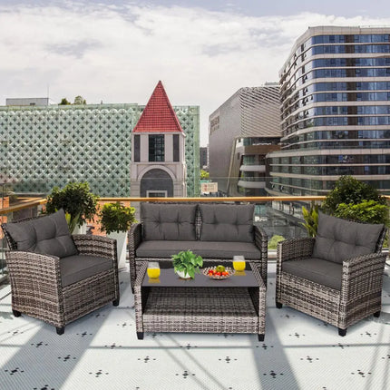 4 Pieces Patio Rattan Furniture Set Coffee Table Cushioned Sofa-Gray - Gray - Patio Conversation Sets