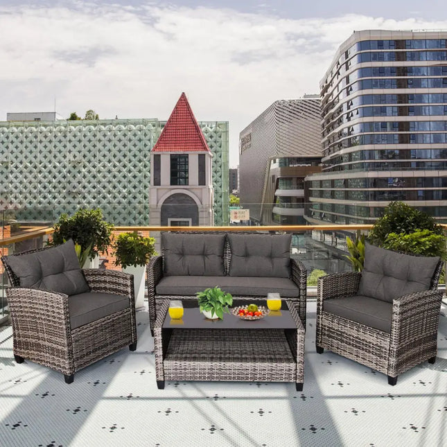 4 Pieces Patio Rattan Furniture Set Coffee Table Cushioned Sofa-Gray - Gray - Patio Conversation Sets