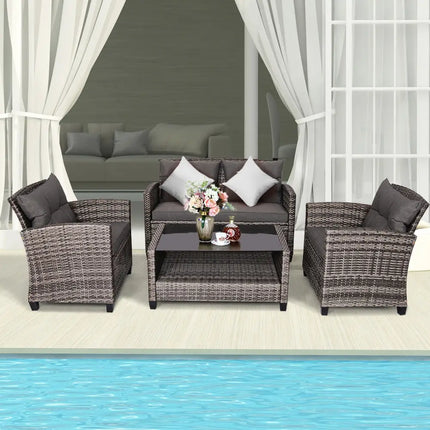 4 Pieces Patio Rattan Furniture Set Coffee Table Cushioned Sofa-Gray - Gray - Patio Conversation Sets
