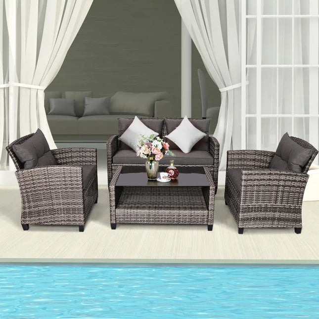 4 Pieces Patio Rattan Furniture Set Coffee Table Cushioned Sofa-Gray - Gray - Patio Conversation Sets