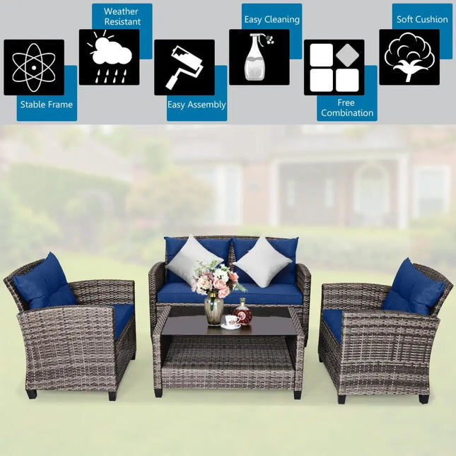 4 Pieces Patio Rattan Furniture Set Coffee Table Cushioned Sofa-Navy - Navy - Patio Conversation Sets