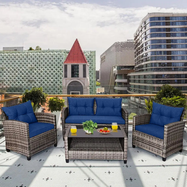 4 Pieces Patio Rattan Furniture Set Coffee Table Cushioned Sofa-Navy - Navy - Patio Conversation Sets