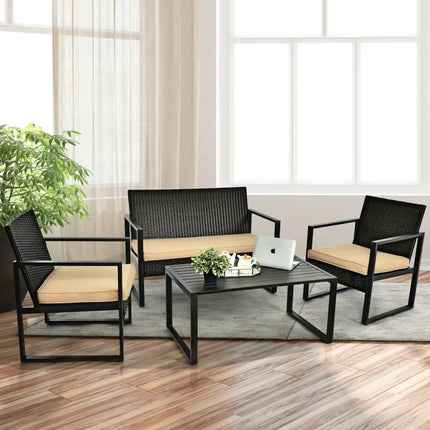 4 Pieces Patio Rattan Furniture Set Cushioned Sofa Coffee Table Garden Deck - Brown - Patio Conversation Sets