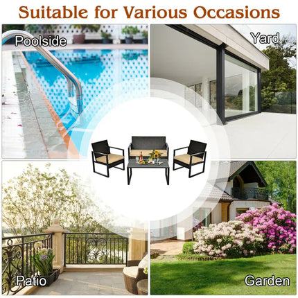 4 Pieces Patio Rattan Furniture Set Cushioned Sofa Coffee Table Garden Deck - Brown - Patio Conversation Sets