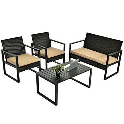 4 Pieces Patio Rattan Furniture Set Cushioned Sofa Coffee Table Garden Deck - Brown - Patio Conversation Sets