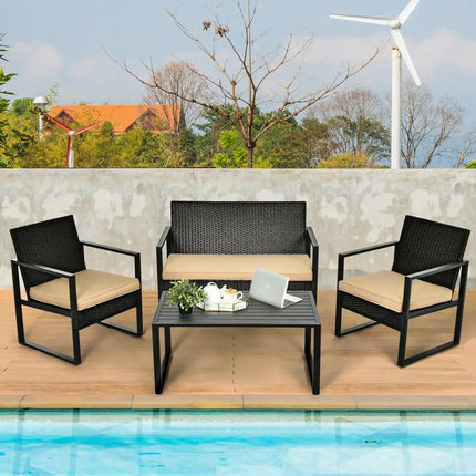 4 Pieces Patio Rattan Furniture Set Cushioned Sofa Coffee Table Garden Deck - Brown - Patio Conversation Sets