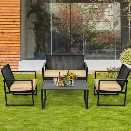 4 Pieces Patio Rattan Furniture Set Cushioned Sofa Coffee Table Garden Deck - Brown - Patio Conversation Sets