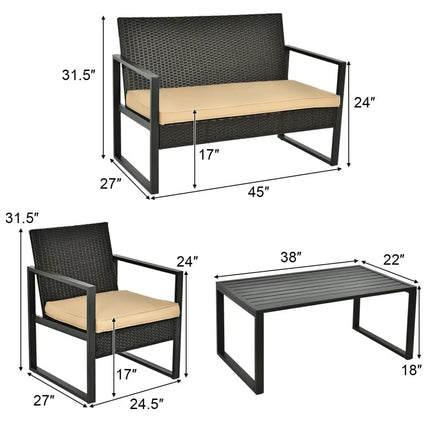 4 Pieces Patio Rattan Furniture Set Cushioned Sofa Coffee Table Garden Deck - Brown - Patio Conversation Sets