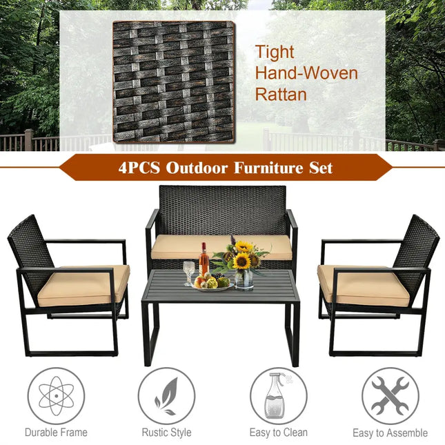 4 Pieces Patio Rattan Furniture Set Cushioned Sofa Coffee Table Garden Deck - Brown - Patio Conversation Sets