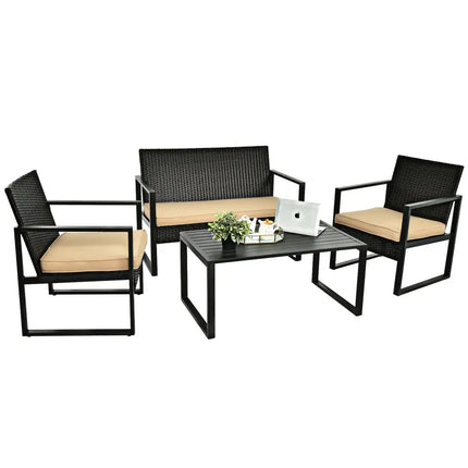 4 Pieces Patio Rattan Furniture Set Cushioned Sofa Coffee Table Garden Deck - Brown - Patio Conversation Sets