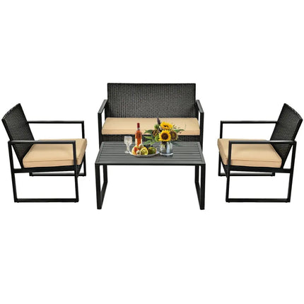 4 Pieces Patio Rattan Furniture Set Cushioned Sofa Coffee Table Garden Deck - Brown - Patio Conversation Sets