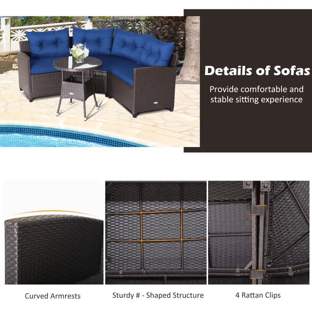 4 Pieces Patio Rattan Furniture Set Cushioned Sofa Glass Table-Navy - Navy - Outdoor Sectionals