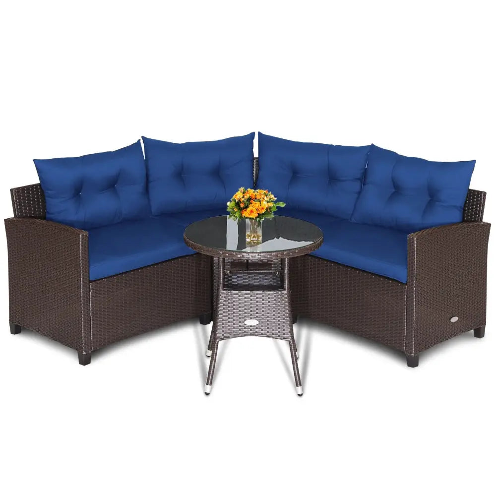 4 Pieces Patio Rattan Furniture Set Cushioned Sofa Glass Table-Navy - Navy - Outdoor Sectionals