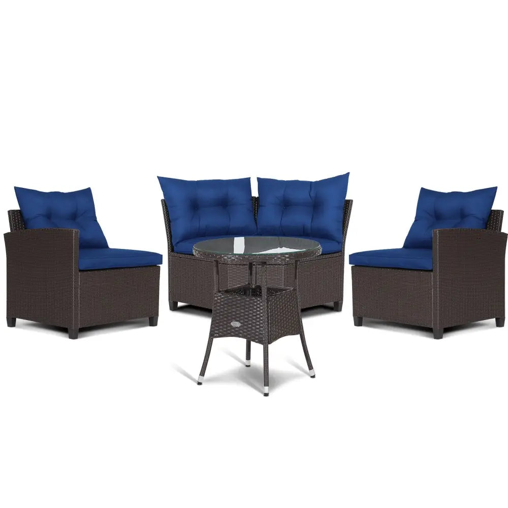 4 Pieces Patio Rattan Furniture Set Cushioned Sofa Glass Table-Navy - Navy - Outdoor Sectionals