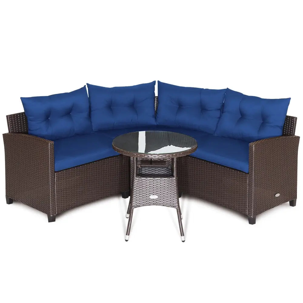 4 Pieces Patio Rattan Furniture Set Cushioned Sofa Glass Table-Navy - Navy - Outdoor Sectionals