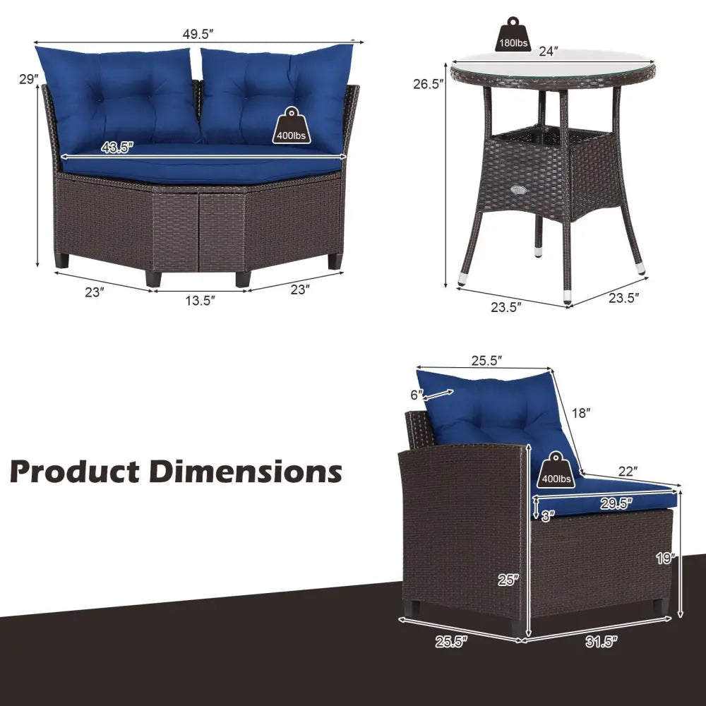 4 Pieces Patio Rattan Furniture Set Cushioned Sofa Glass Table-Navy - Navy - Outdoor Sectionals