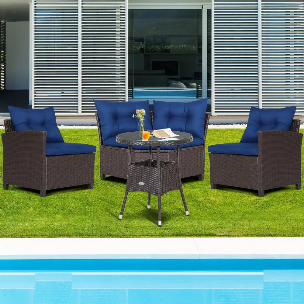 4 Pieces Patio Rattan Furniture Set Cushioned Sofa Glass Table-Navy - Navy - Outdoor Sectionals