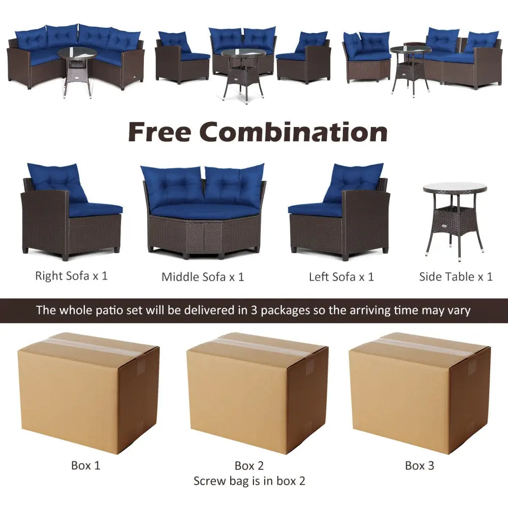 4 Pieces Patio Rattan Furniture Set Cushioned Sofa Glass Table-Navy - Navy - Outdoor Sectionals