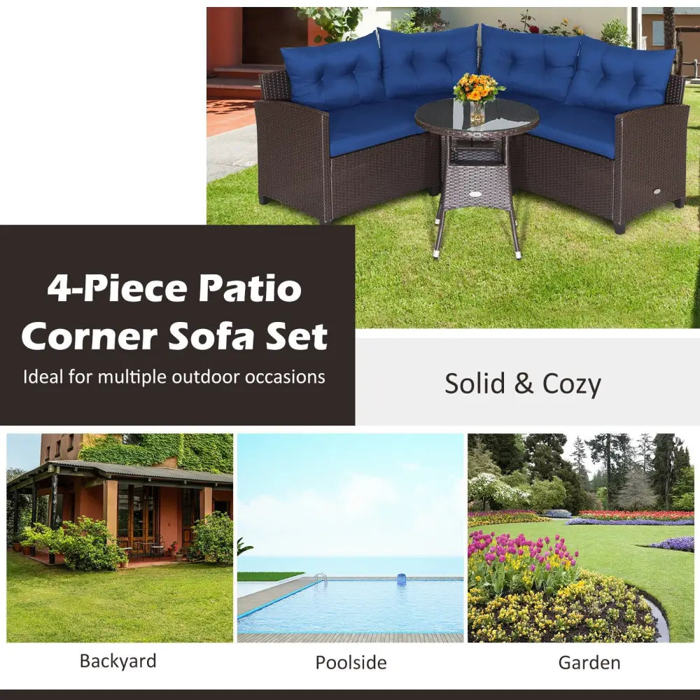 4 Pieces Patio Rattan Furniture Set Cushioned Sofa Glass Table-Navy - Navy - Outdoor Sectionals