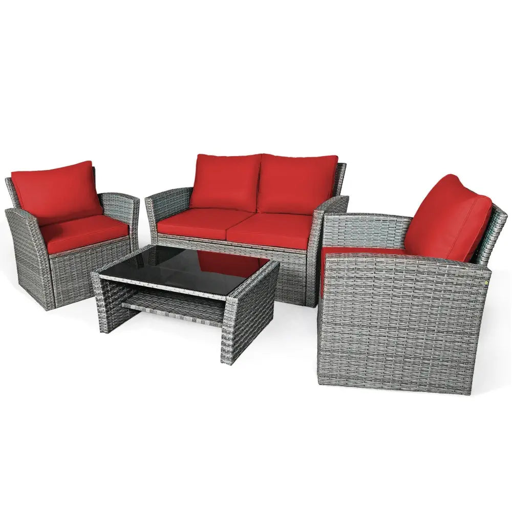 4 Pieces Patio Rattan Furniture Set Sofa Table with Storage Shelf Cushion-Red - Red - Patio Furniture Sets