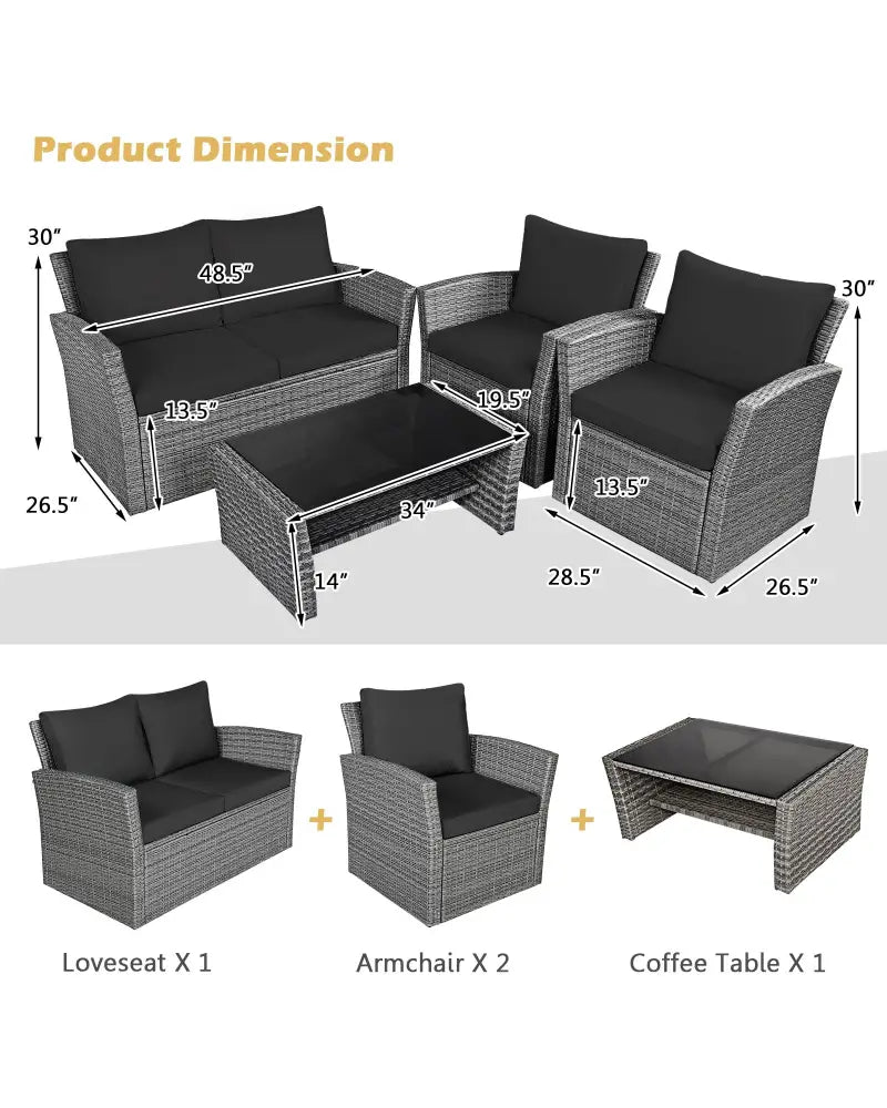 4 Pieces Patio Rattan Furniture Set Sofa Table with Storage Shelf Cushion-Black - Black - Patio Furniture Sets