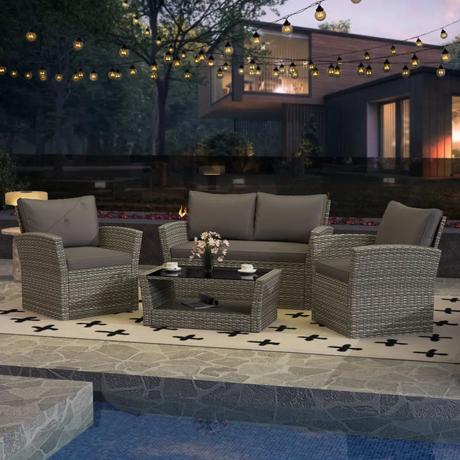 4 Pieces Patio Rattan Furniture Set Sofa Table with Storage Shelf Cushion-Gray - Gray - Patio Furniture Sets