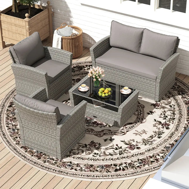 4 Pieces Patio Rattan Furniture Set Sofa Table with Storage Shelf Cushion-Gray - Gray - Patio Furniture Sets
