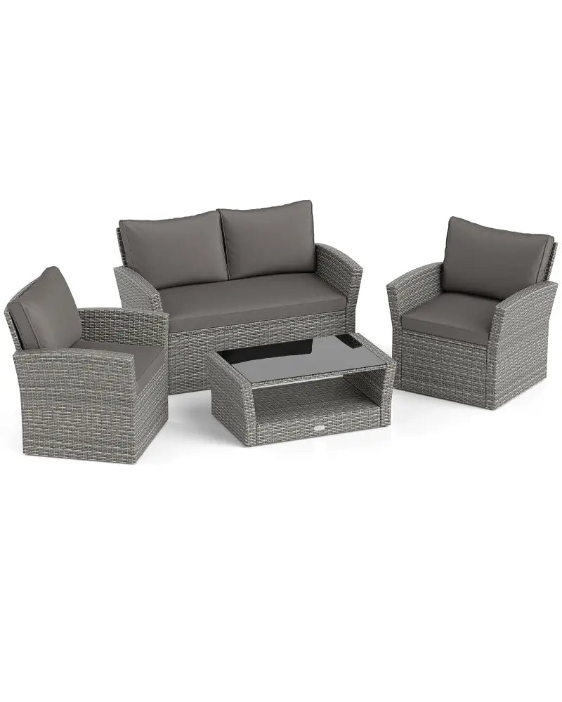4 Pieces Patio Rattan Furniture Set Sofa Table with Storage Shelf Cushion-Gray - Gray - Patio Furniture Sets