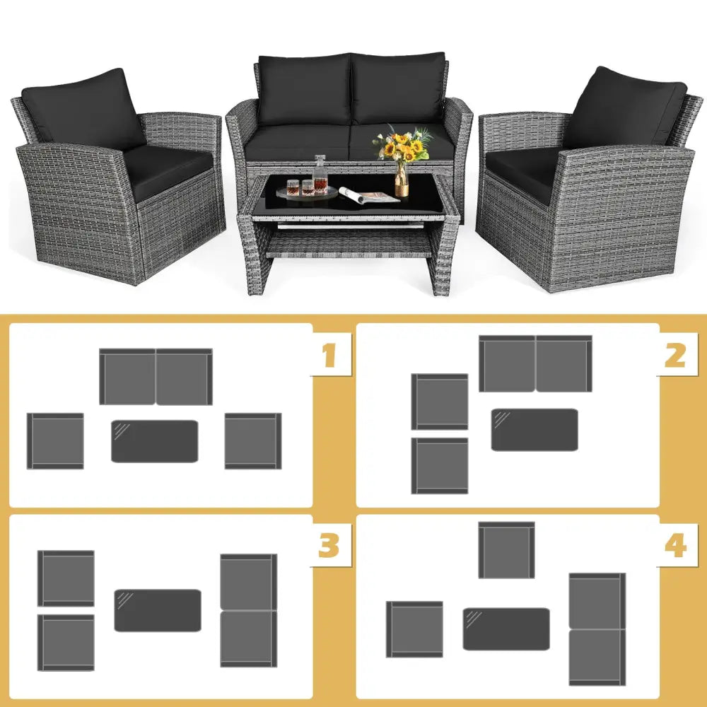4 Pieces Patio Rattan Furniture Set Sofa Table with Storage Shelf Cushion-Black - Black - Patio Furniture Sets