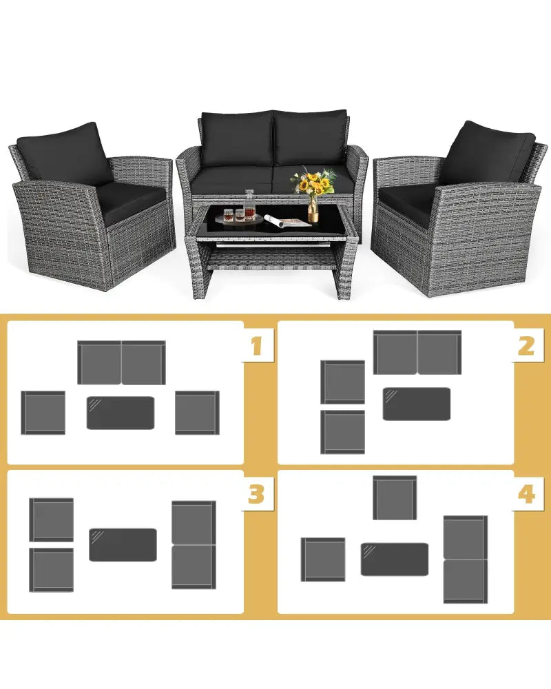4 Pieces Patio Rattan Furniture Set Sofa Table with Storage Shelf Cushion-Black - Black - Patio Furniture Sets