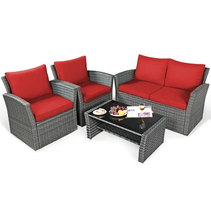 4 Pieces Patio Rattan Furniture Set Sofa Table with Storage Shelf Cushion-Red - Red - Patio Furniture Sets