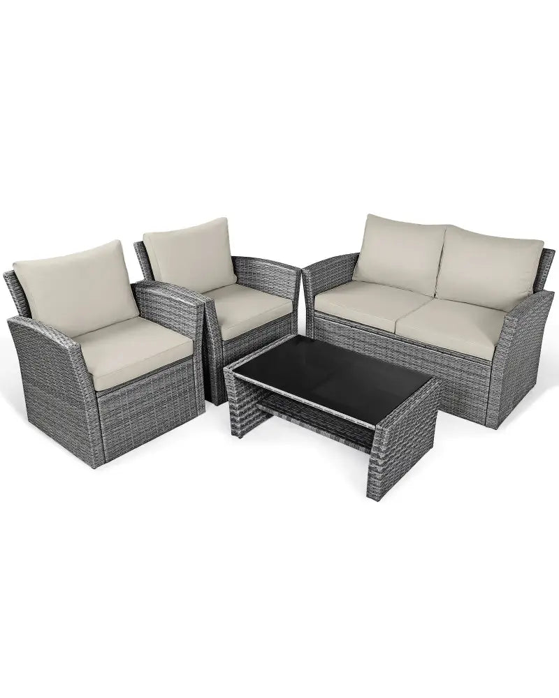 4 Pieces Patio Rattan Furniture Set Sofa Table with Storage Shelf Cushion-Beige - Beige - Patio Furniture Sets