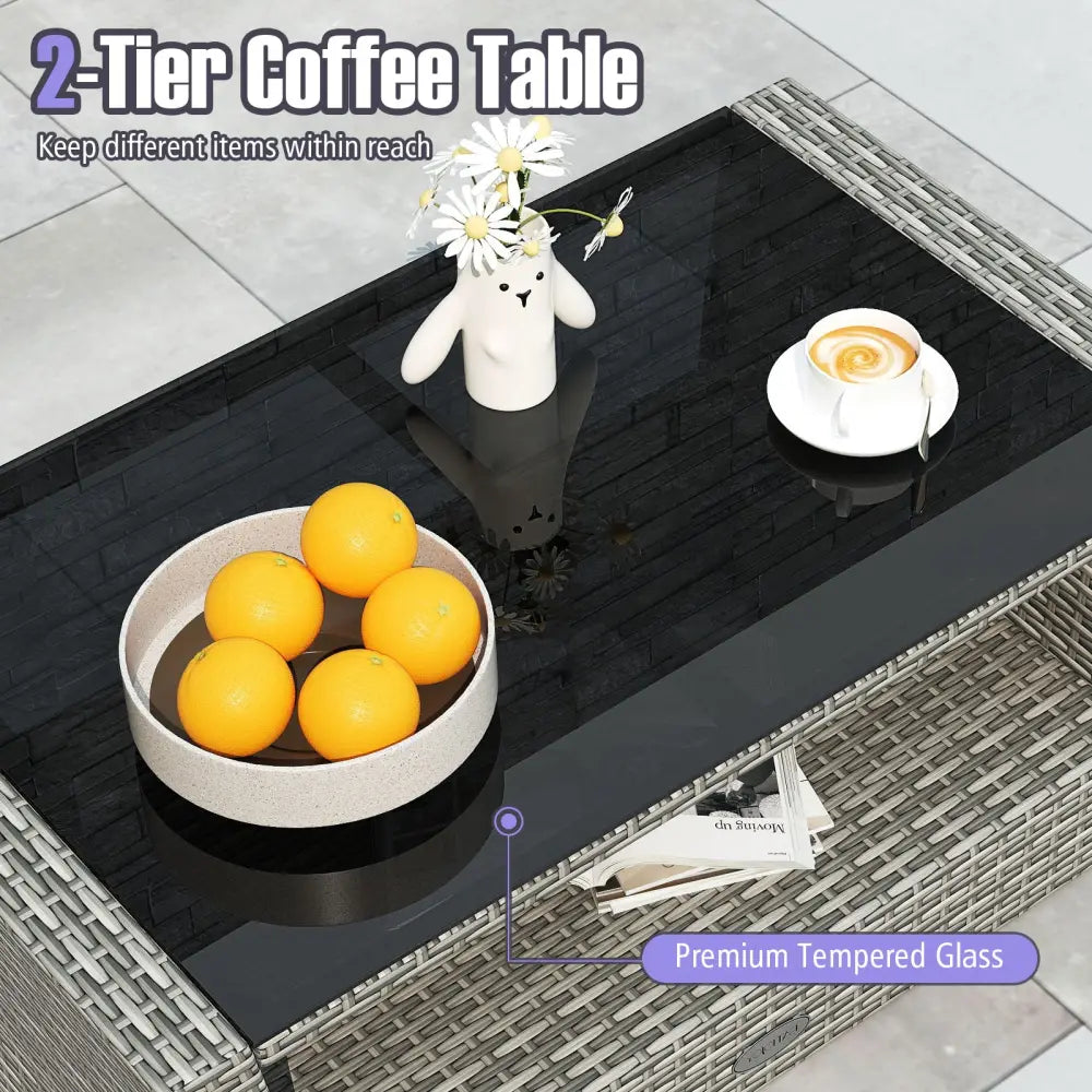 4 Pieces Patio Rattan Furniture Set Sofa Table with Storage Shelf Cushion-Gray - Gray - Patio Furniture Sets