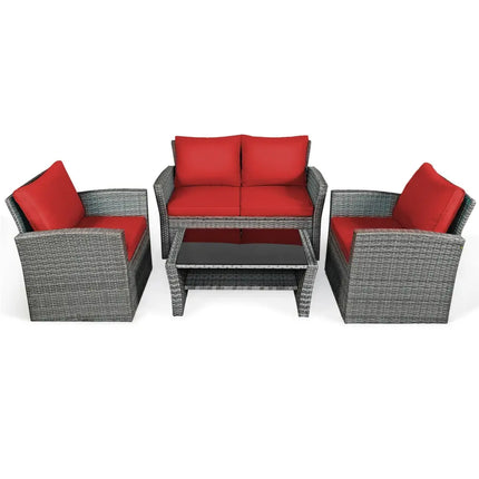 4 Pieces Patio Rattan Furniture Set Sofa Table with Storage Shelf Cushion-Red - Red - Patio Furniture Sets