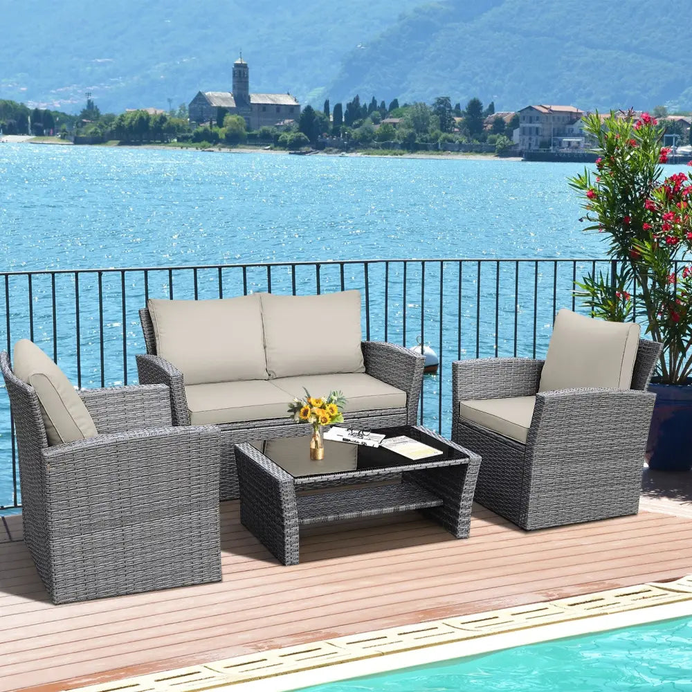 4 Pieces Patio Rattan Furniture Set Sofa Table with Storage Shelf Cushion-Beige - Beige - Patio Furniture Sets