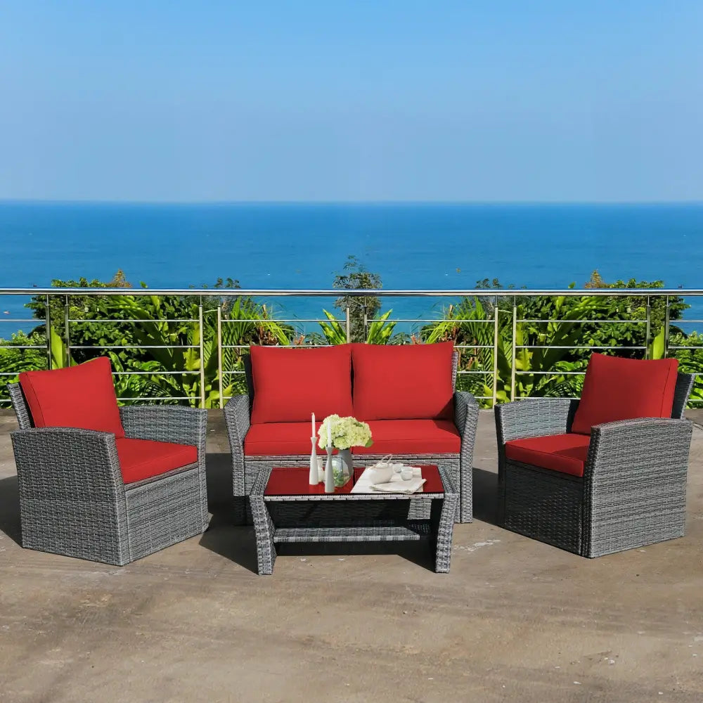 4 Pieces Patio Rattan Furniture Set Sofa Table with Storage Shelf Cushion-Red - Red - Patio Furniture Sets