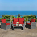 4 Pieces Patio Rattan Furniture Set Sofa Table with Storage Shelf Cushion-Red - Red - Patio Furniture Sets