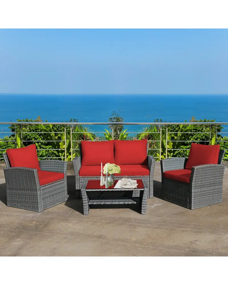 4 Pieces Patio Rattan Furniture Set Sofa Table with Storage Shelf Cushion-Red - Red - Patio Furniture Sets