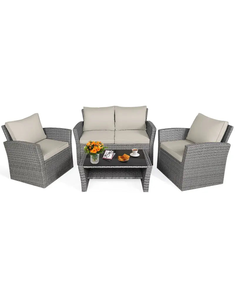 4 Pieces Patio Rattan Furniture Set Sofa Table with Storage Shelf Cushion-Beige - Beige - Patio Furniture Sets