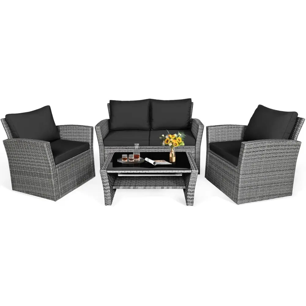 4 Pieces Patio Rattan Furniture Set Sofa Table with Storage Shelf Cushion-Black - Black - Patio Furniture Sets