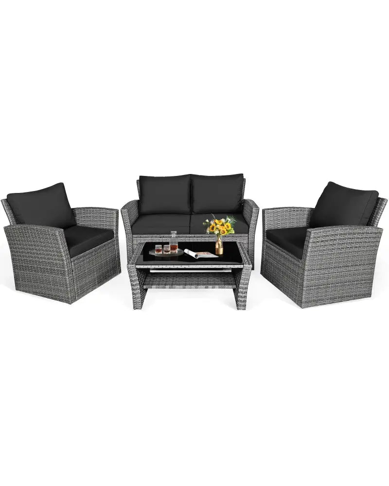 4 Pieces Patio Rattan Furniture Set Sofa Table with Storage Shelf Cushion-Black - Black - Patio Furniture Sets