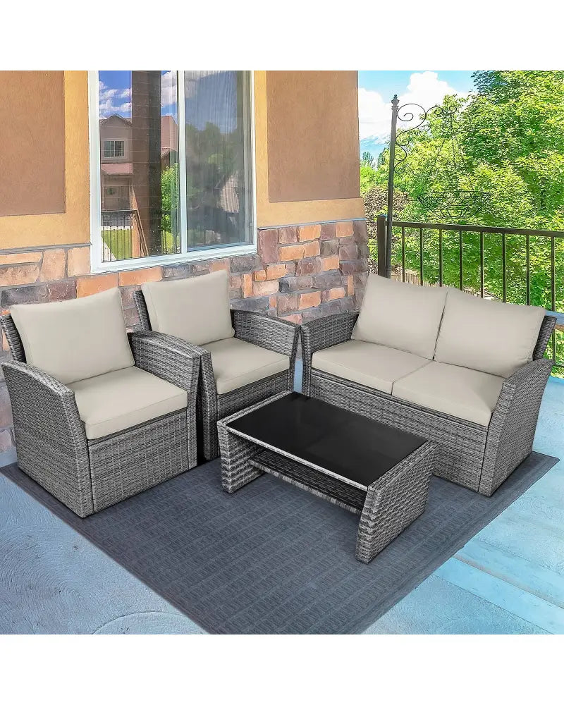 4 Pieces Patio Rattan Furniture Set Sofa Table with Storage Shelf Cushion-Beige - Beige - Patio Furniture Sets