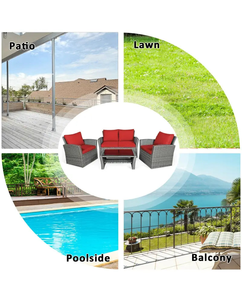 4 Pieces Patio Rattan Furniture Set Sofa Table with Storage Shelf Cushion-Red - Red - Patio Furniture Sets