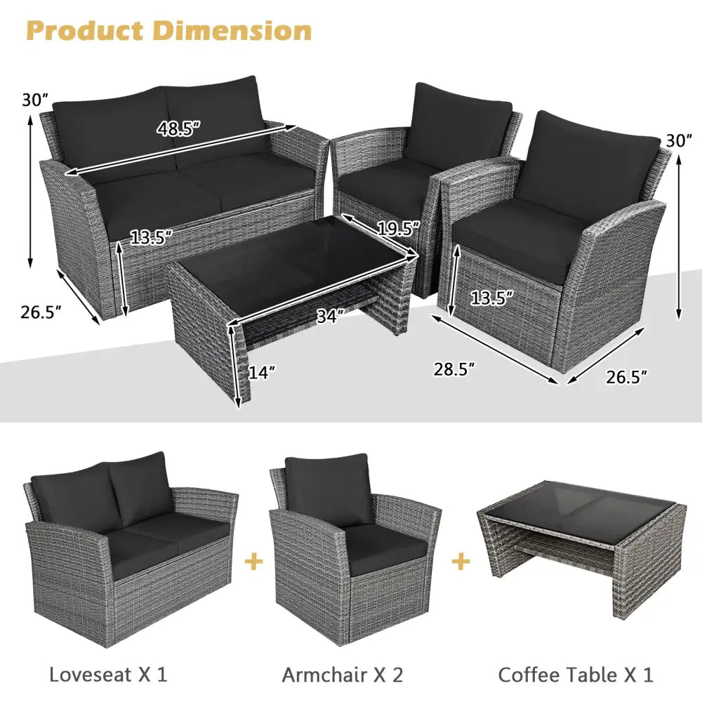 4 Pieces Patio Rattan Furniture Set Sofa Table with Storage Shelf Cushion-Black - Black - Patio Furniture Sets
