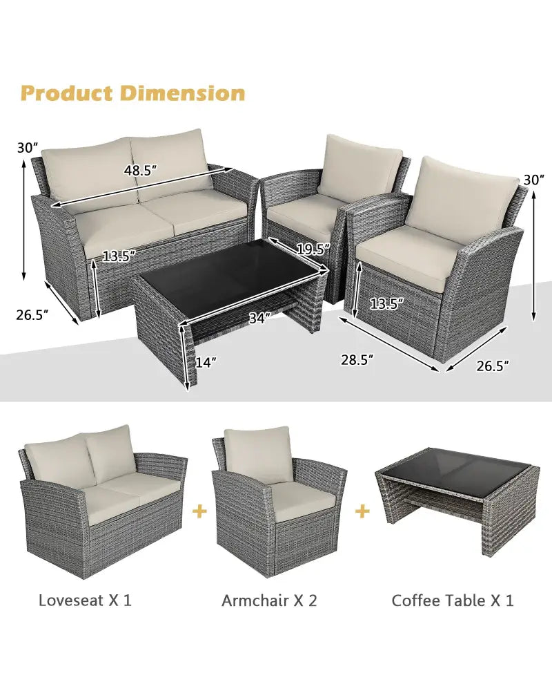 4 Pieces Patio Rattan Furniture Set Sofa Table with Storage Shelf Cushion-Beige - Beige - Patio Furniture Sets