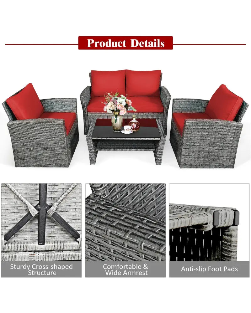 4 Pieces Patio Rattan Furniture Set Sofa Table with Storage Shelf Cushion-Red - Red - Patio Furniture Sets