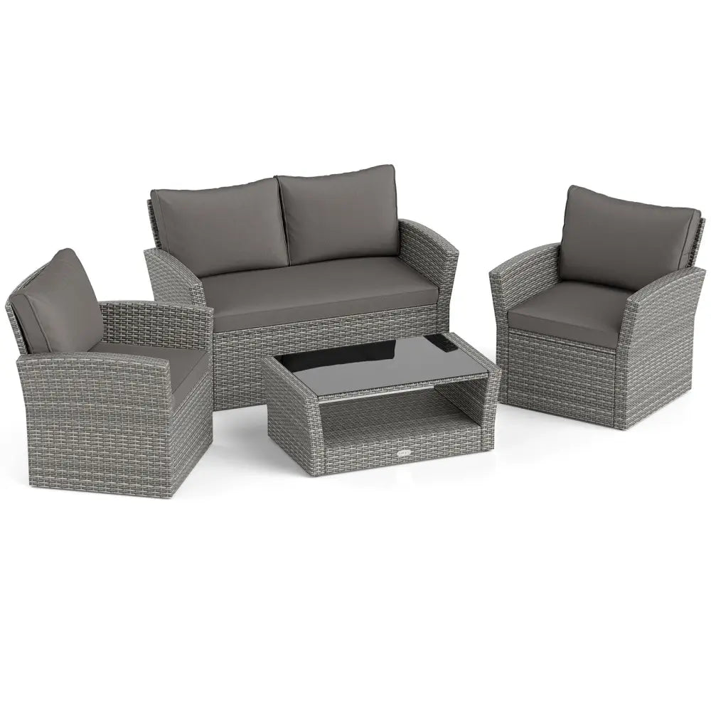 4 Pieces Patio Rattan Furniture Set Sofa Table with Storage Shelf Cushion-Gray - Gray - Patio Furniture Sets