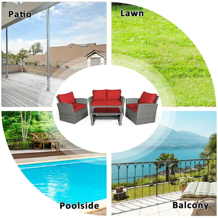 4 Pieces Patio Rattan Furniture Set Sofa Table with Storage Shelf Cushion-Red - Red - Patio Furniture Sets