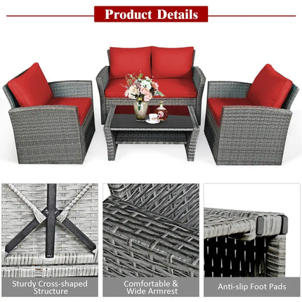 4 Pieces Patio Rattan Furniture Set Sofa Table with Storage Shelf Cushion-Red - Red - Patio Furniture Sets